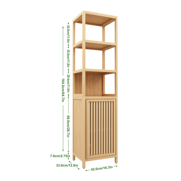 English Elm Storage Tall Slim Cabinet Bamboo Linen Tower with Shutter Door, 3-Tier Shelves, Humidity-Resistant Freestanding Organizer W2207P198058