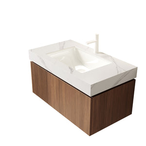 English Elm Muri Floating Bathroom Vanity Sintered Stone Top Oak Plywood Cabinet Soft Close W2615S00620