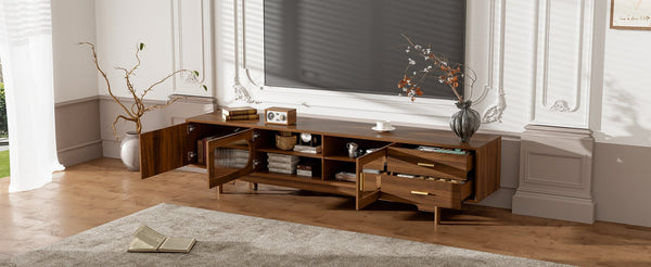 English Elm 78inch Walnut Entertainment Center Fluted Glass Solid Wood Legs Modern Living Room N710P362203P