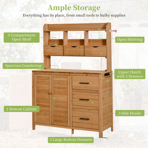 English Elm (with Hutch) Topamx Solid Fir Potting Bench Patio Workstation Spice Rack Drawer Natural Wood N717P404331A