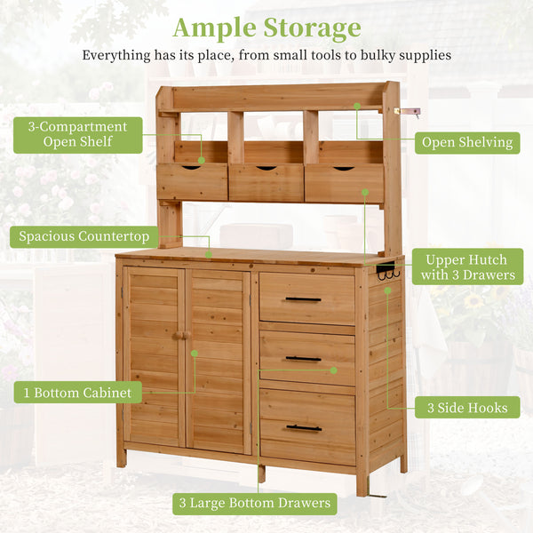 English Elm (with Hutch) Topamx Solid Fir Potting Bench Patio Workstation Spice Rack Drawer Natural Wood N717P404331A