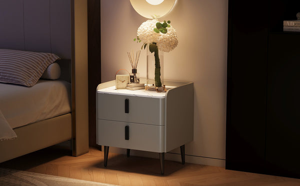 English Elm Nightstand with Marble-Pattern Top and Raised Guard, 2 Drawers for Organized Stylish Bedroom Decor Gray 23.4 L x 18.5 W x 9.06 H N733P332142E