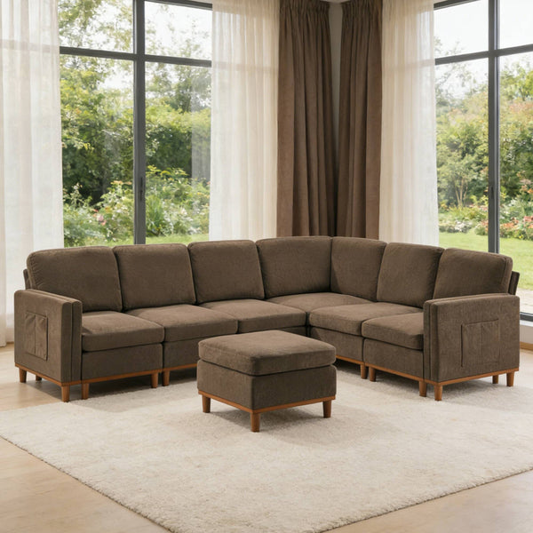 English Elm Modern Modular Sectional Sofa Plush Fabric Upholstery Reconfigurable Living Room Seating Brown W2085S00112