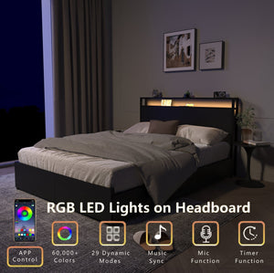 English Elm Queen Platform Bed with Led Headboard Six Storage Drawers and Built-in Charging W2129P314789