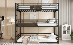 English Elm Full Triple Bunk Bed - Heavy-Duty Metal Frame With Safety Guardrails, Space-Saving Design, Black W1580S00144