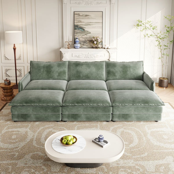 English Elm Corduroy 3-Seater Oversized Sofa With Movable Footrests - Cozy Green Upholstery For Modern Living W834S00441