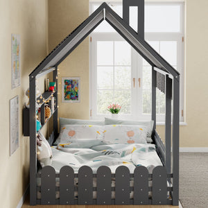 English Elm {slats Are Not Included} Twin Montessori House Floor Bed Kids Tent Lights Shelves Pinewood Frame Gray N708P407963E