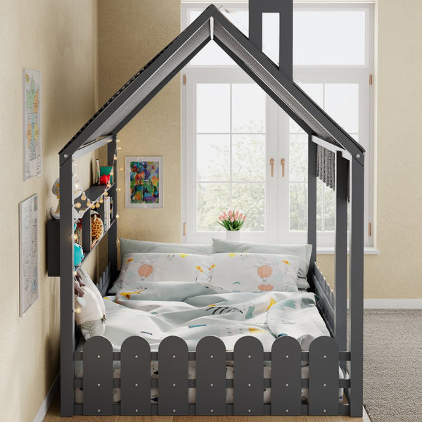 English Elm {slats Are Not Included} Twin Montessori House Floor Bed Kids Tent Lights Shelves Pinewood Frame Gray N708P407963E
