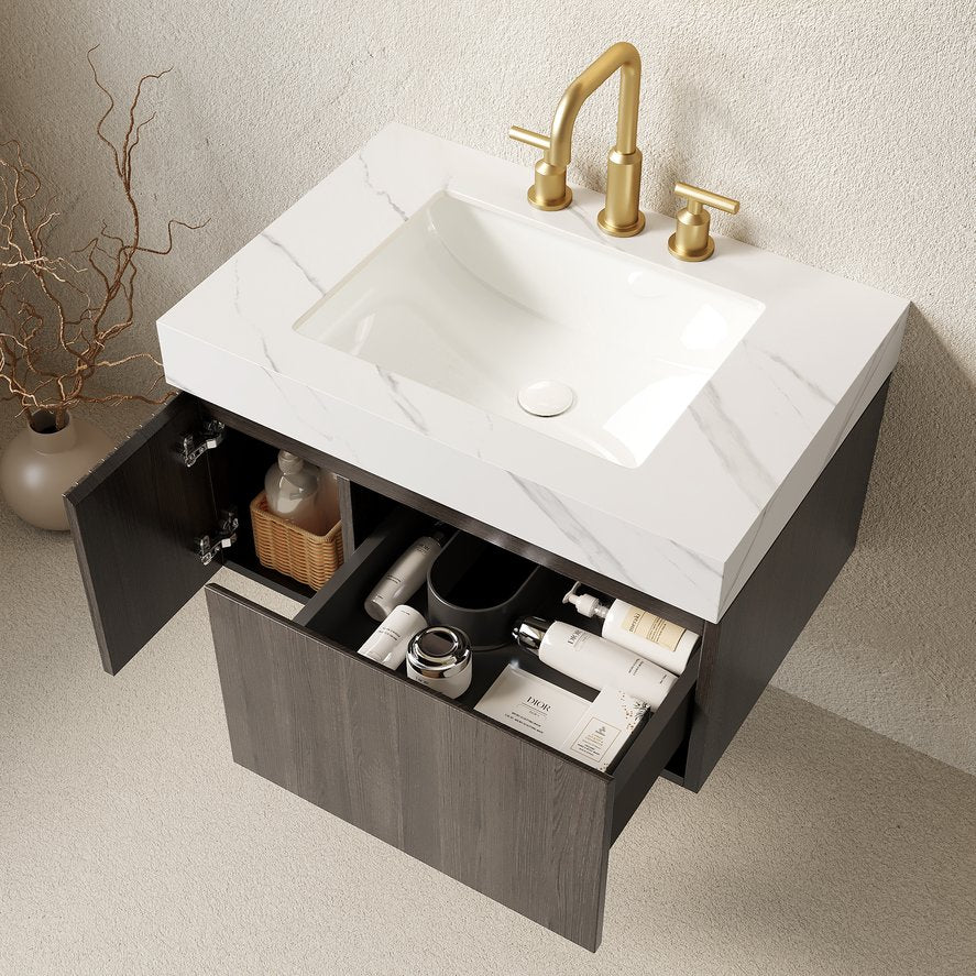 English Elm Muri Floating Bathroom Vanity Plywood Cabinet Sintered Stone Top Espresso Woodgrain W2615S00636