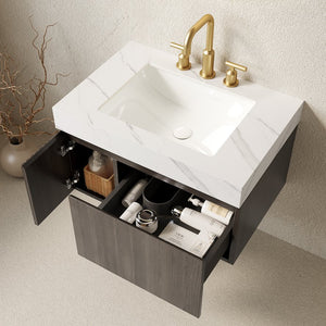 English Elm Muri Floating Bathroom Vanity Plywood Cabinet Sintered Stone Top Espresso Woodgrain W2615S00636