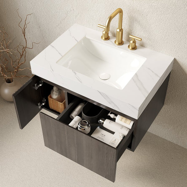 English Elm Muri Floating Bathroom Vanity Plywood Cabinet Sintered Stone Top Espresso Woodgrain W2615S00636