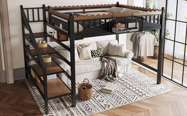English Elm Twin Xl Metal Loft Bed with Stair Storage Shelves Sturdy Steel Frame for Dorms W1580S00379