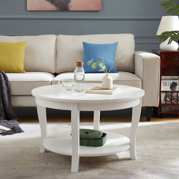 English Elm Traditional Round Coffee Table with Open Shelf, 2-Tier Solid Wood Accent Table for Small Spaces White W1693P216918