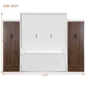 English Elm Full Size Murphy Wall Bed with Wardrobes Desk Drawers and Led Light in White LP000924AAK