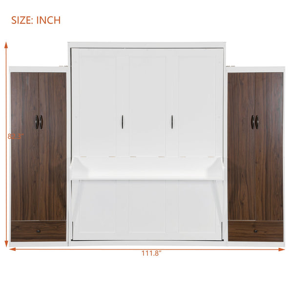 English Elm Full Size Murphy Wall Bed with Wardrobes Desk Drawers and Led Light in White LP000924AAK