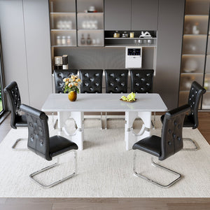 English Elm Modern 9 Piece Glam Dining Set Faux Marble Table Tufted Pvc Chairs Seats Eight Black,White W3875S00083