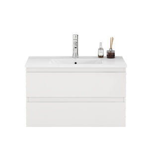 English Elm 31.5-inch Modern Bathroom Vanity with Integrated Ceramic Basin, Soft-Close Drawers, Black Accents Glossy White 35.04 L x 21.06 W x 6.89 H W3151S00064