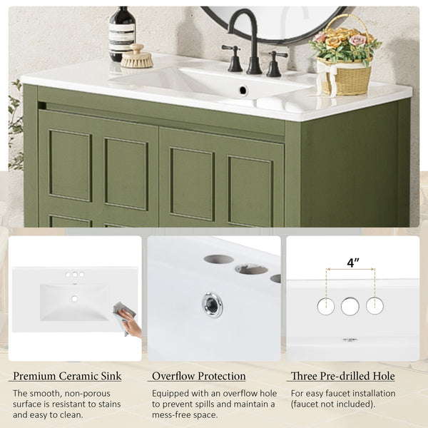 English Elm 36" Bathroom Vanity Organizer with Ceramic Sink, Solid Wood Distressed Finish, Hand-Painted Charm and Ample Storage Olive Green N729P255666F