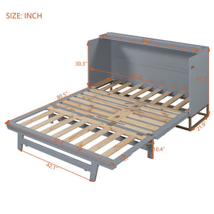 English Elm Murphy Queen Wall Bed with Frosted Glass Cabinet Facade Gold Legs Pine Frame Gray N820S00028E