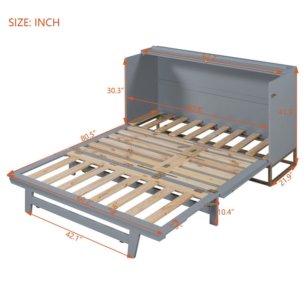 English Elm Murphy Queen Wall Bed with Frosted Glass Cabinet Facade Gold Legs Pine Frame Gray N820S00028E