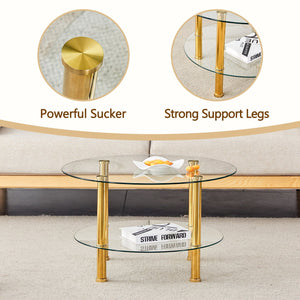 English Elm Contemporary Double Layer Tempered Glass Coffee Table 27.5" Top 23.6" Bottom Gold Legs, Modern Luxurious Design W1512P355039