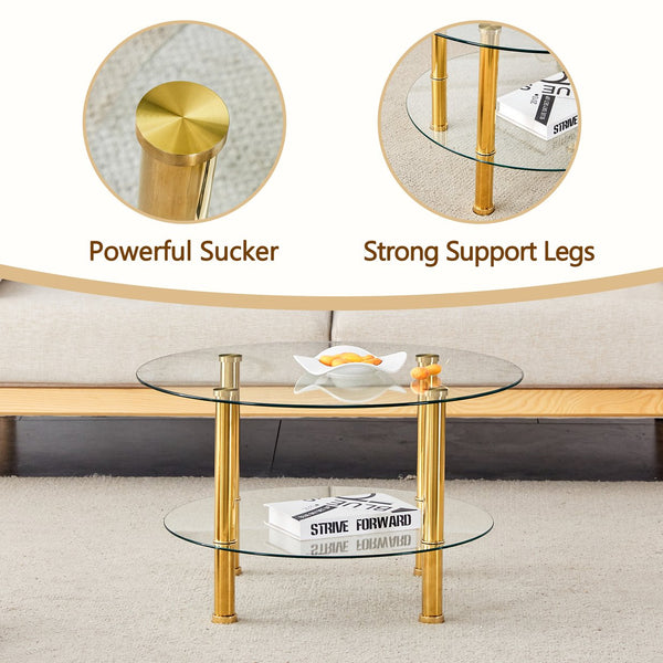 English Elm Contemporary Double Layer Tempered Glass Coffee Table 27.5" Top 23.6" Bottom Gold Legs, Modern Luxurious Design W1512P355039