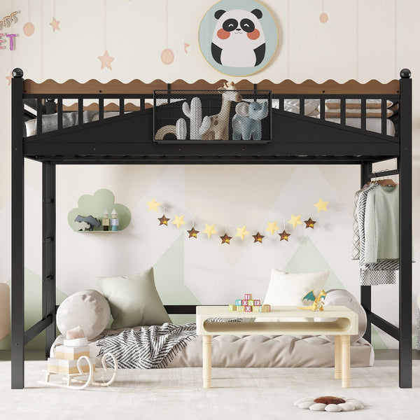 English Elm Full Size Metal Loft Bed with Built-in Shelving for Teen or Studio Bedroom W1580S00381