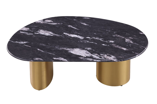 English Elm 1pc Oval Coffee Table with Sintered Stone Top, Matte Gold Legs, Black & Gray Two-Tone Curved Edge Finish B2741S00641