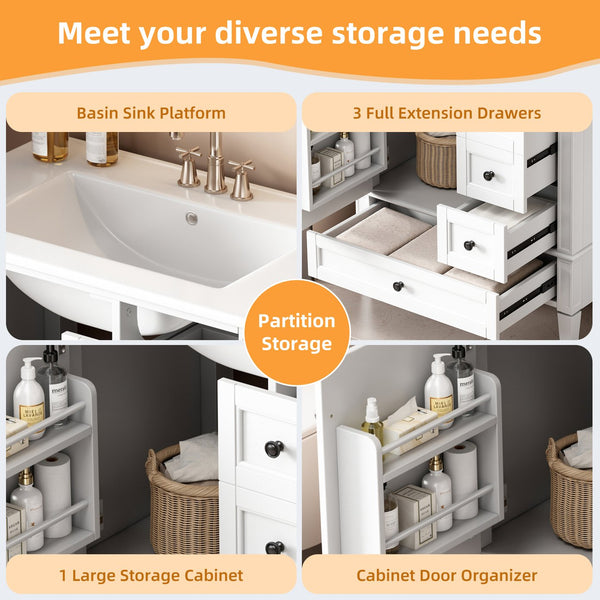 English Elm 30 30 Inch Bathroom Vanity with Ceramic Sink, Modern Compact 3-Drawer Storage Cabinet for Small Baths White N710P247499K