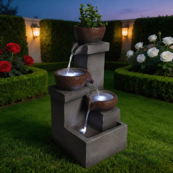 English Elm Outdoor Cascading Tiered Resin Stone Fountain with Led Lights and Integrated Planter W5397P462032