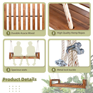 English Elm TOPMAX Twin Size Porch Swing Bed Crafted from Durable Acacia Wood with 400lb Capacity and Hemp Ropes Natural N717P210135N