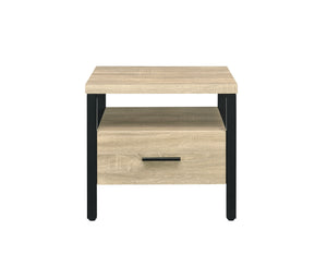 English Elm Yawan Oak Accent Table with Black Metal Legs, 1 Drawer & Shelf, Compact Storage Nightstand, 40lb Top B2726P287569