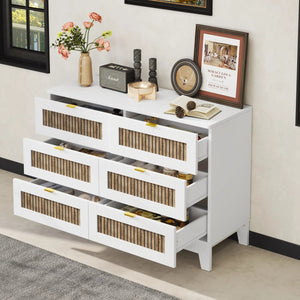 English Elm Rustic Farmhouse Wooden Dresser with 6 Drawers and Metal Handles — Spacious Storage, Stylish Bedroom Accent White 52.17 L x 18.5 W x 11.81 H WF530908AAK
