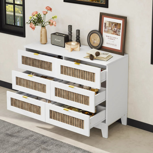 English Elm Rustic Farmhouse Wooden Dresser with 6 Drawers and Metal Handles — Spacious Storage, Stylish Bedroom Accent White 52.17 L x 18.5 W x 11.81 H WF530908AAK