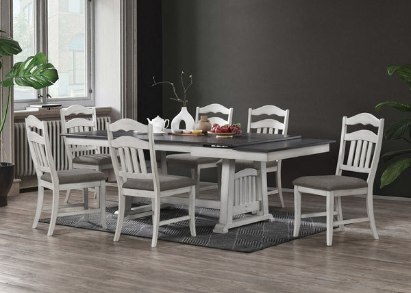 English Elm Antique 7pc Dining Set with Trestle Table, 2 Leaves & 6 Ladder Back Chairs in Grey Rustic White Finish B011S01487
