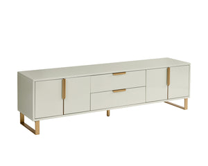 Sunpan Barnette Glamorous Media Console & Cabinet in High Gloss Cream with Gold Hardware & Storage Solutions