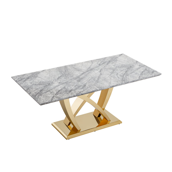 English Elm Marble Dining Table For 6, 70'' Rectangular Faux Marble With Mirrored Stainless Steel Base, Modern Elegance W3456S00026
