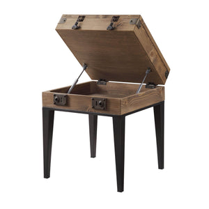 English Elm Rustic Oak Display Side Table with Trunk-Style Glass Top, Matte Gray Accents & Tapered Metal Legs B062P189236