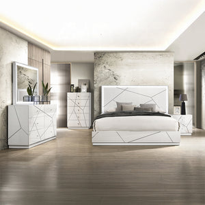 English Elm Ultra Modern white and silver high gloss Queen Bed with LED Headboard and Embossed Line Design Glossy White 84 L x 34 W x 7 H B2741S00747