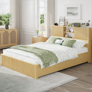 English Elm Queen Storage Bed Oak Finish Sliding Barn Door Headboard with Built-in Charging T3773P417190