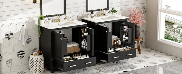 English Elm Modern 48 Inch Freestanding Bathroom Vanity Dual Ceramic Sinks Soft Close Gold Handles Black N729P000001B