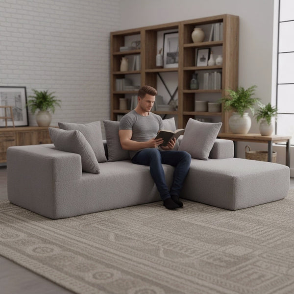 English Elm Full Foam Modular L-shaped Sectional Sofa Flannelette Upholstered with Five Throw Pillows Grey W3326S00023