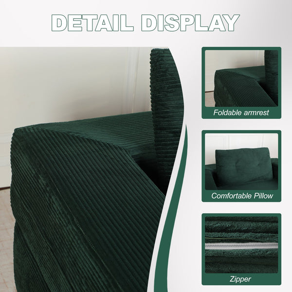 English Elm Compression Human Dog Sofa Bed 3-in-1 Folding Corduroy Floor Couch with Memory Foam Pillow for Living Room Dark Green W3723P376786