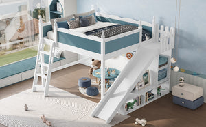 English Elm Queen Loft Bed With Storage Shelves, Fun Detachable Slide, Solid Wood Design, Blue & White Finish W1580S00249-GIGA