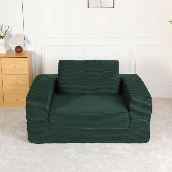English Elm Compression Human Dog Sofa Bed 3-in-1 Folding Corduroy Floor Couch with Memory Foam Pillow for Living Room Dark Green W3723P376786