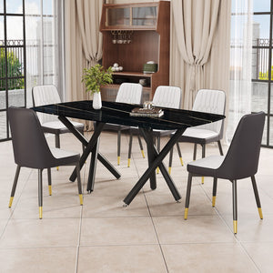 Hearth and Haven 1 Table and 6 Chairs Set.A Rectangular Dining Table with a Imitation Marble Black Table Top and Black Metal Legs.Paired with 6 Chairs with Leatherette Leather Seat Cushion and Black Metal Legs.F-1538, C-007 W1151S00963