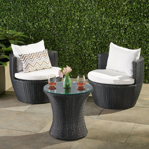English Elm Christopher Knight Home® - KONO Woven Outdoor 3-Piece Patio Chat Set with Aluminum Frame, Tempered Glass Table, Cushions Black+Ivory 53142.00ALU
