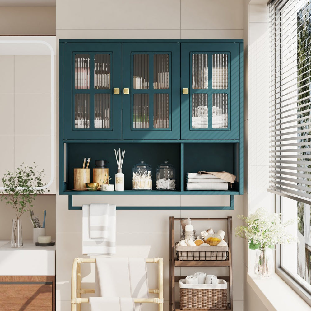 English Elm Bathroom Wall Cabinet Fluted Glass Doors Open Shelf Towel Bar Dark Green Mdf W757P400531