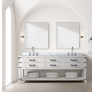 English Elm White Oak Double Bath Vanity With Carrara Marble Top, Chrome Faucets & 36-Inch Mirrors For Elegance B2731S01917-GIGA
