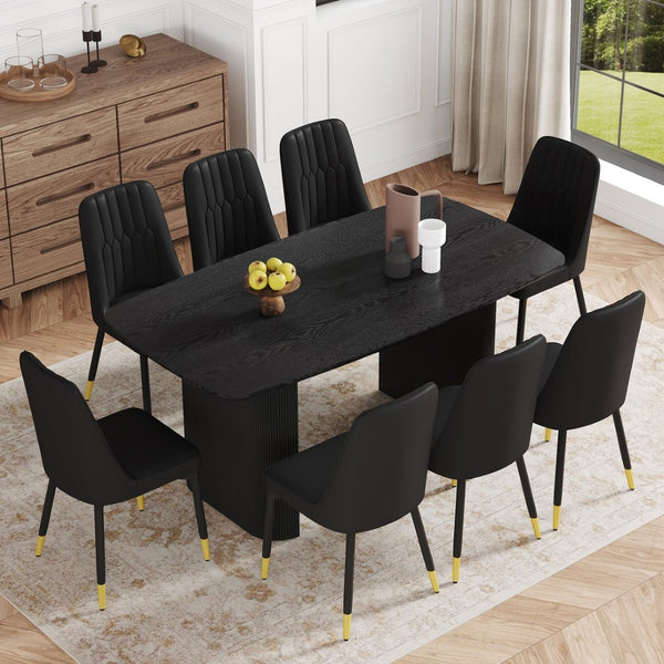 English Elm Table & 8 Black Pu Chairs Set - Modern 67" Mdf Dining Table With Stylish Design & Easy Care Finish W1151S04167-GIGA